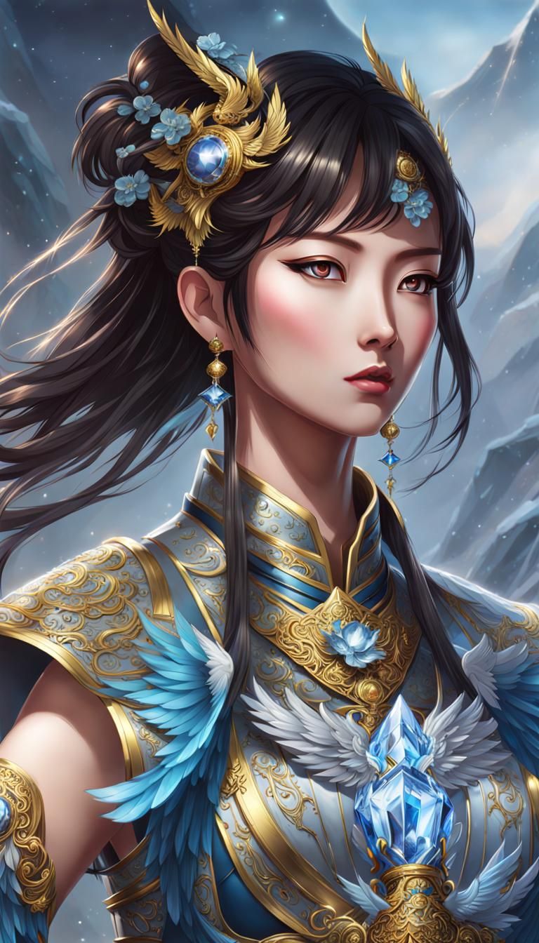 Attractive chinese holy goddess. Anime style. With intricate multilayered paladin armor and majestic robes and wings.