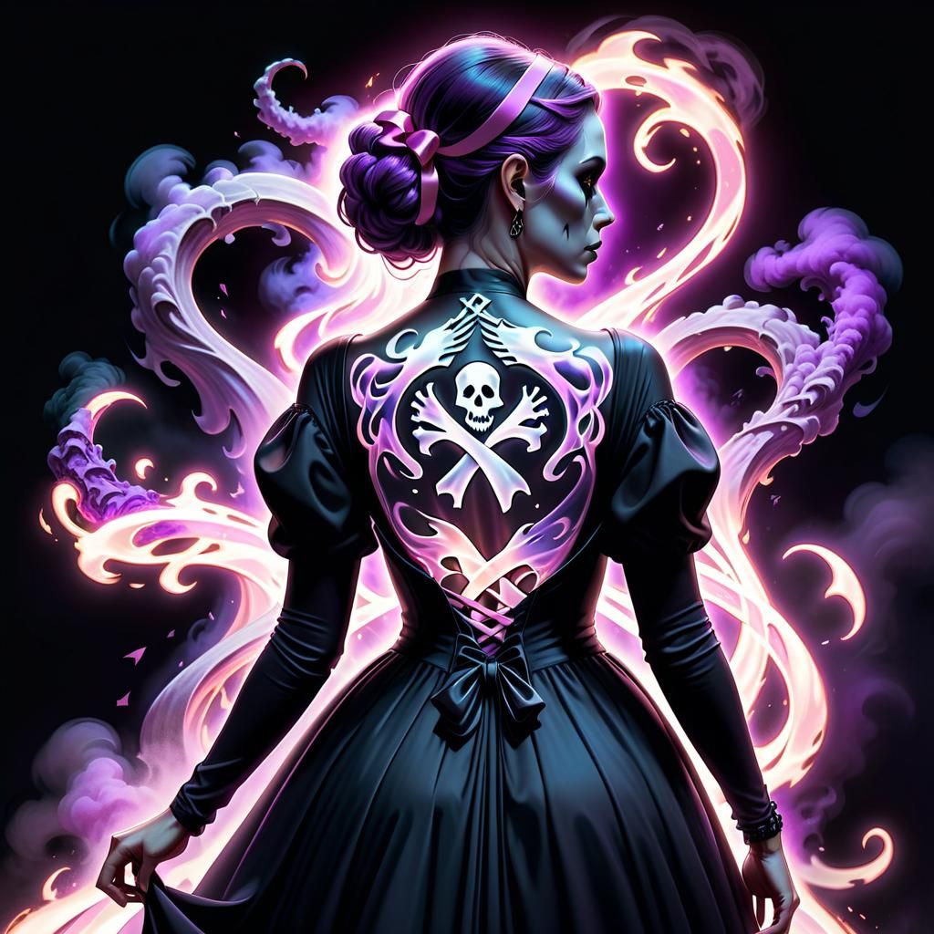 Woman with Spooky Ghost Tattoo in Dramatic Lighting