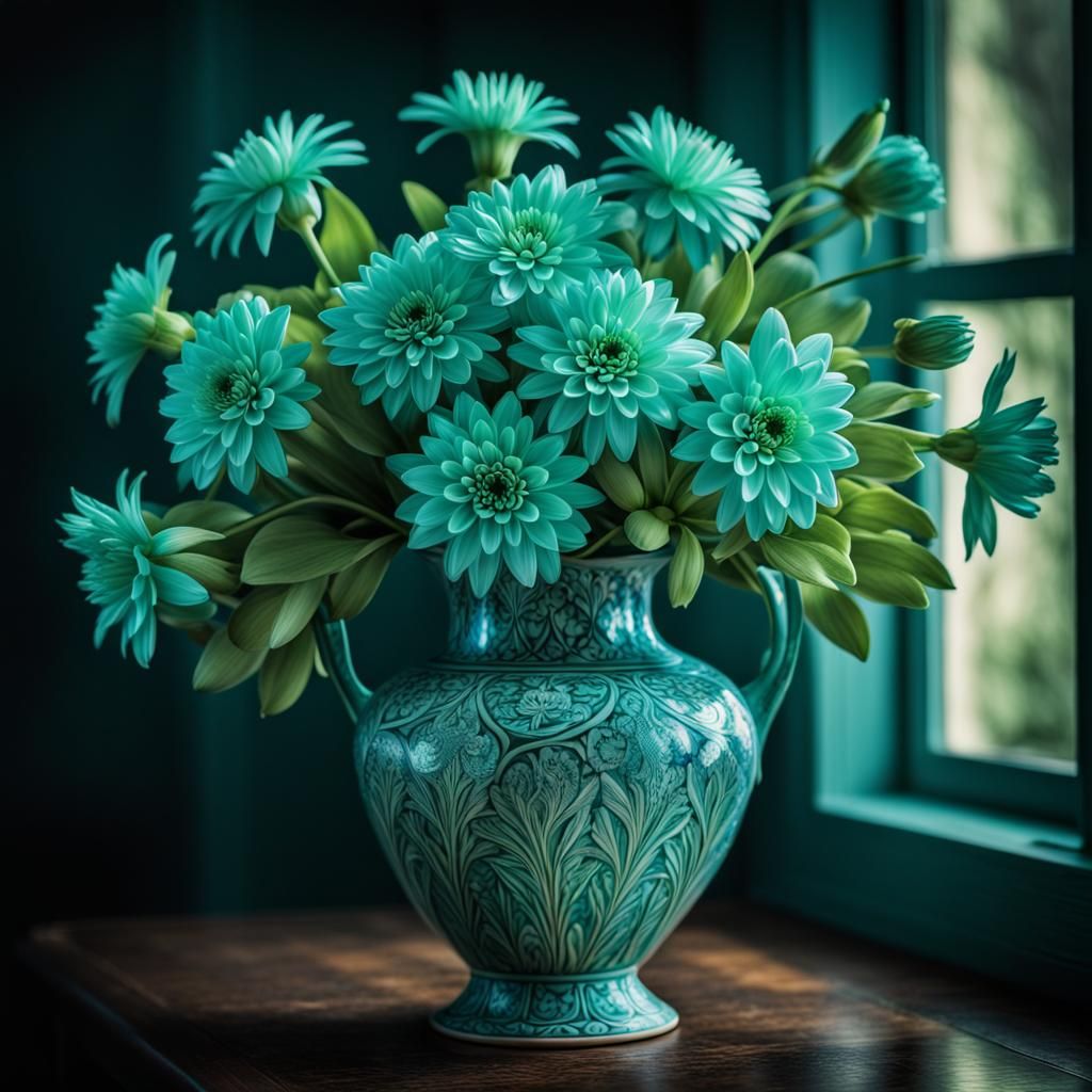 Hyperrealistic Still Life of Vase with Aqua Flowers