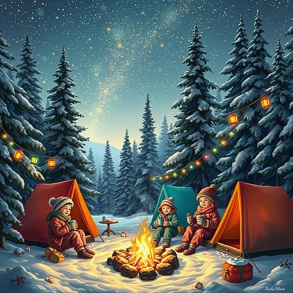 Cozy Winter Campsite Amidst Snowy Forest