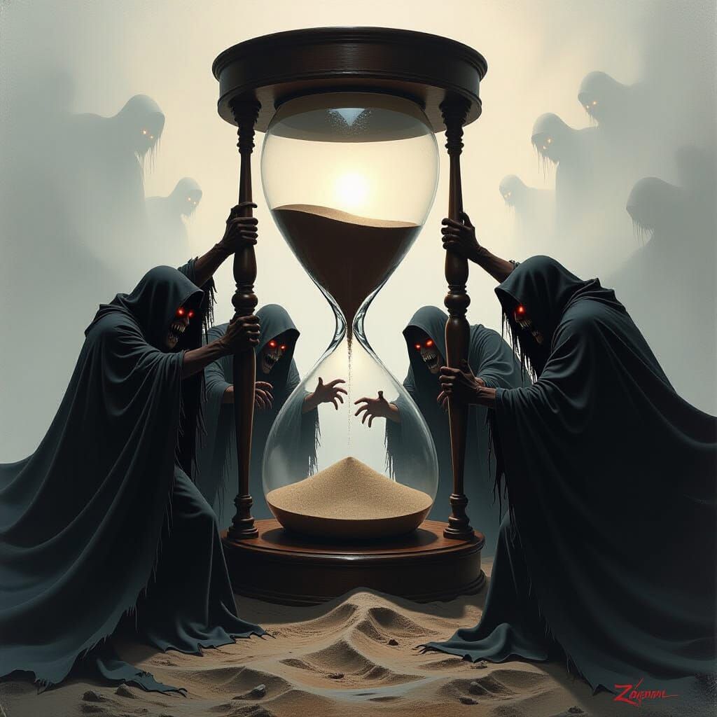 Vampires Battle Colossal Hourglass in Gothic Horror Art