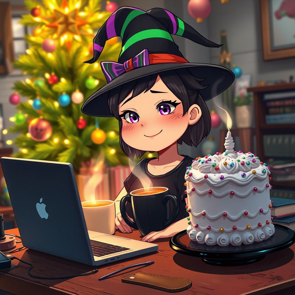 Anime Witch at Christmas Desk with Laptop