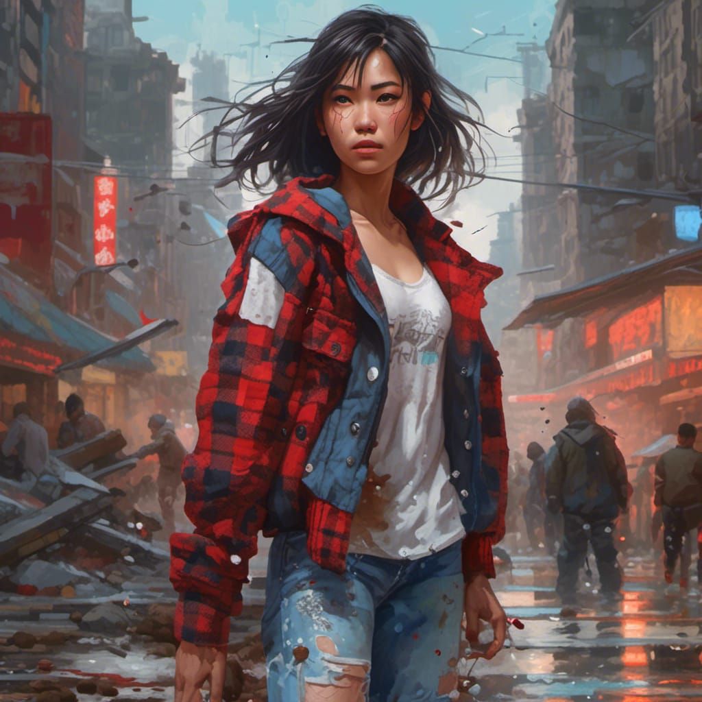 Asian Girl Fighting With Water Magic in Ruined City