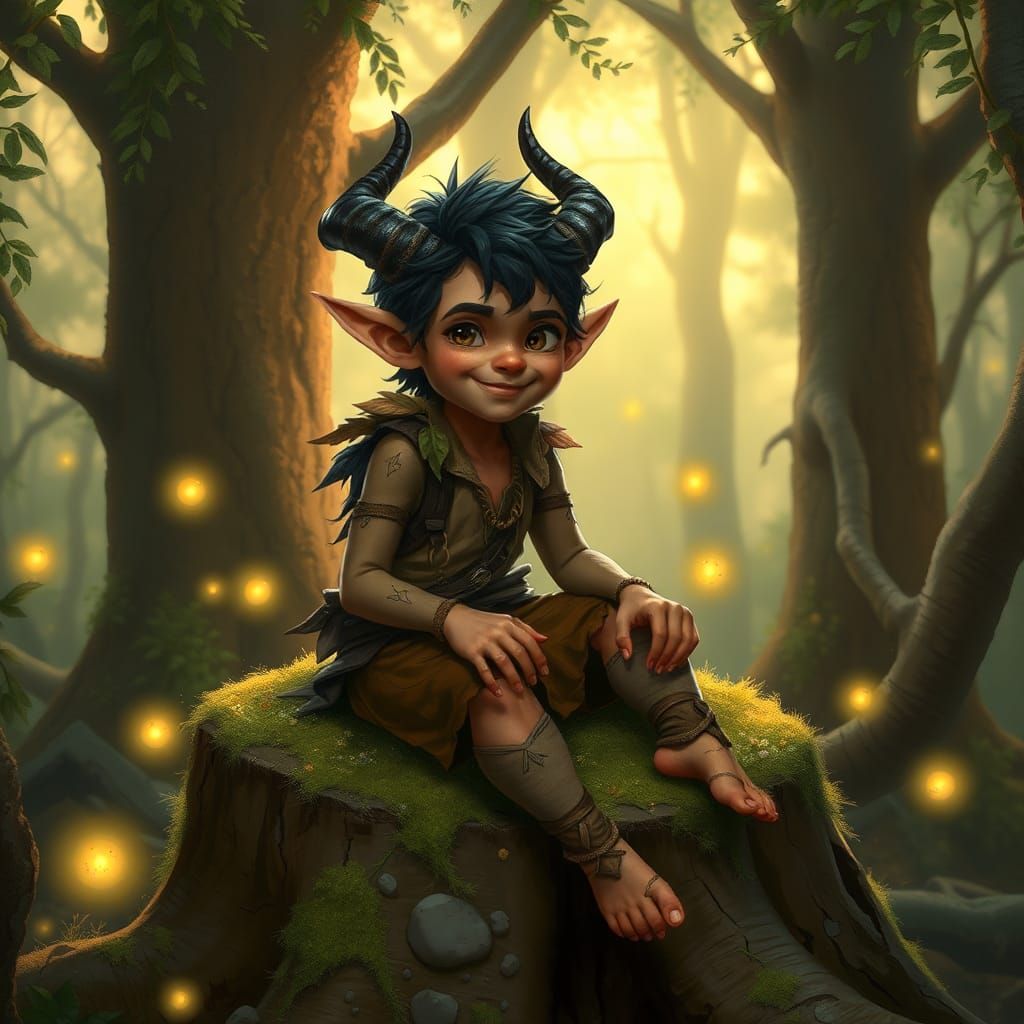 Playful Tiefling in Whimsical Forest: Storybook Illustration