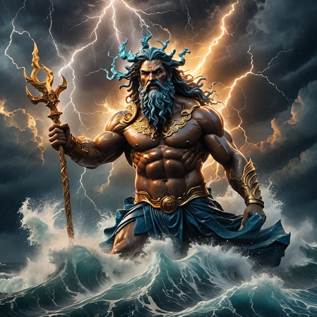 Poseidon in Ocean Thunderstorm: Vivid Digital Art