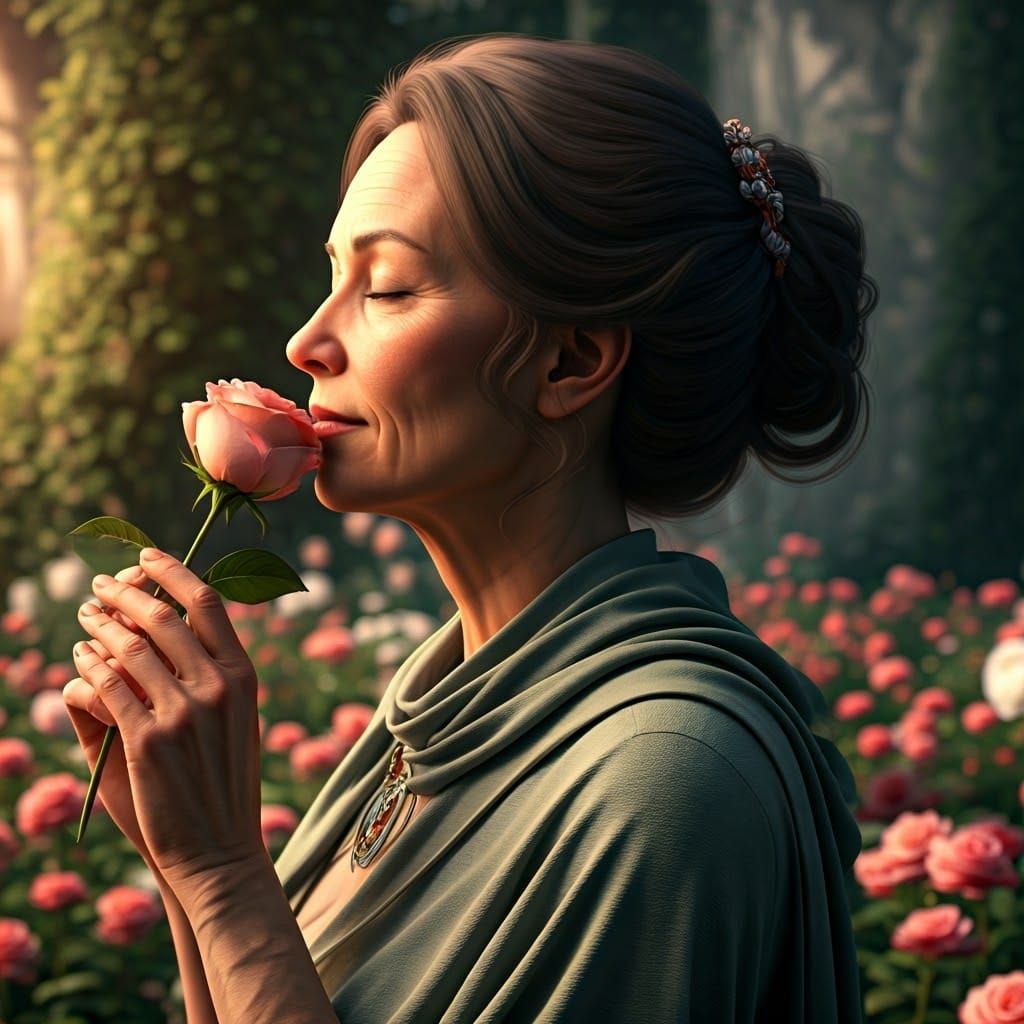 Woman Smelling Rose in Lush Garden, Hyperrealistic Portrait