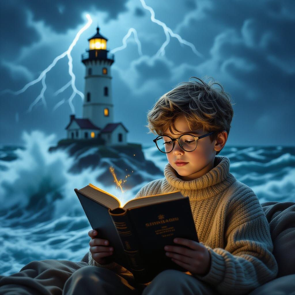 Boy Reads Book by Stormy Lighthouse, Cinematic Style