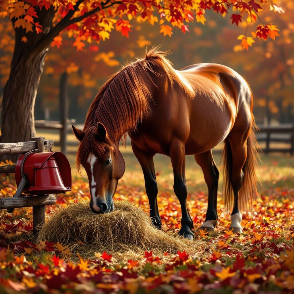 Majestic Horse Eating Hay Amidst Autumn Leaves