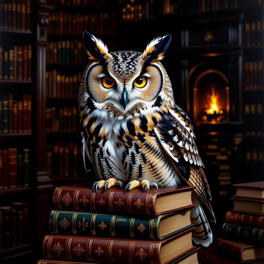 Wise Owl Perched on Books in Dimly Lit Library