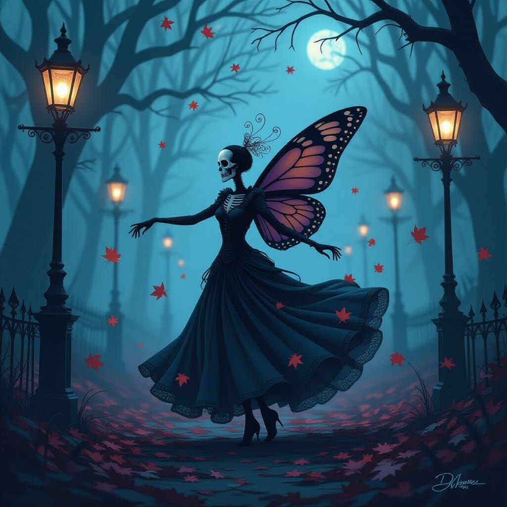 Skeletal Moth Figure Dances in Eerie Vortex