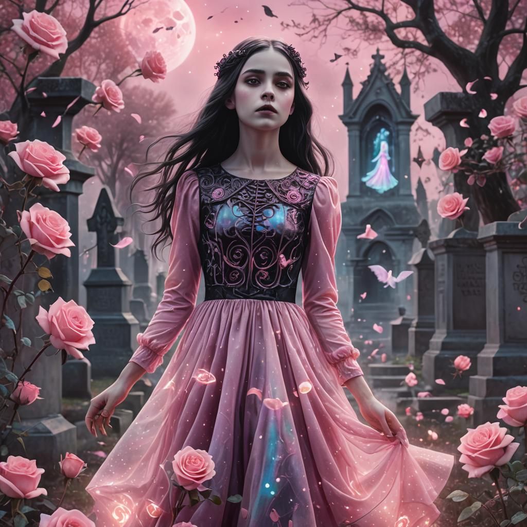 Goth Girl in Pink Dress with Roses and Ghosts
