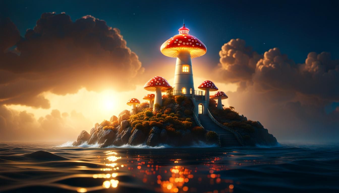 Mushroom Lighthouse in Sea with Dramatic Lighting