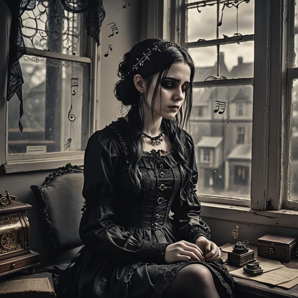 Sad Goth Girl in Hyperrealistic Bedroom Scene