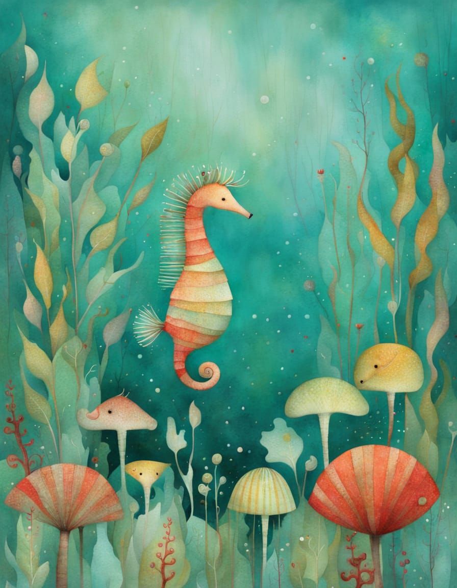 Vibrant Aqua Seahorse in Whimsical Underwater Scene