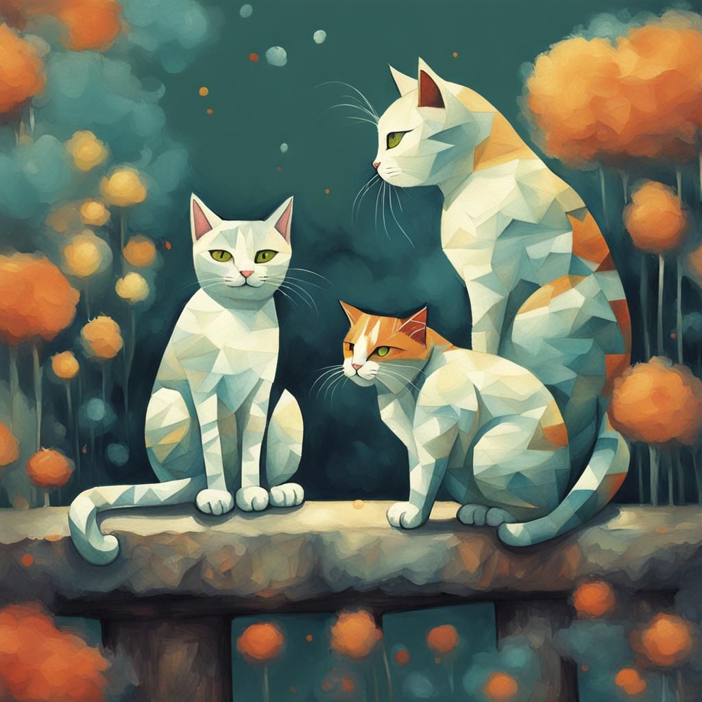 Cartoon Cats Sitting Together: Painterly Fantasy Art
