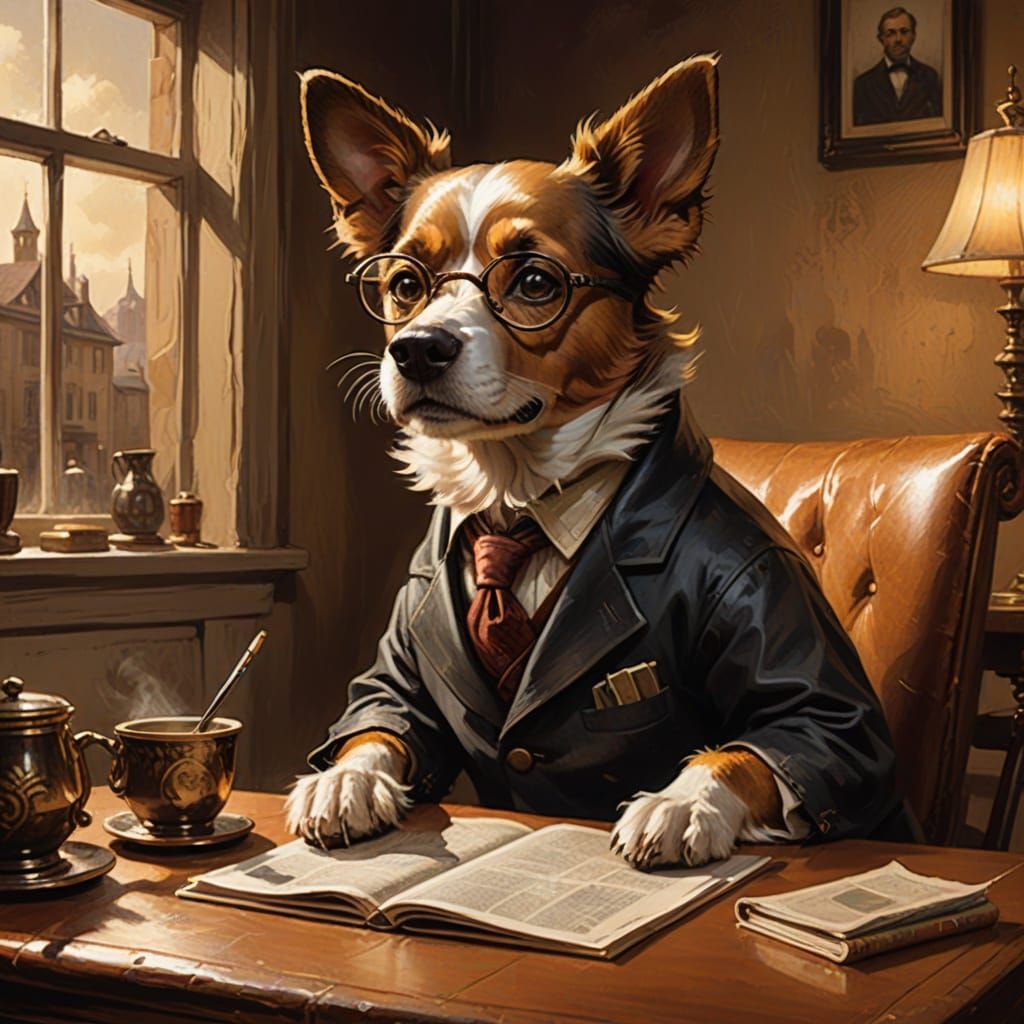 Anthropomorphic Dog Reading Newspaper in Vintage Style
