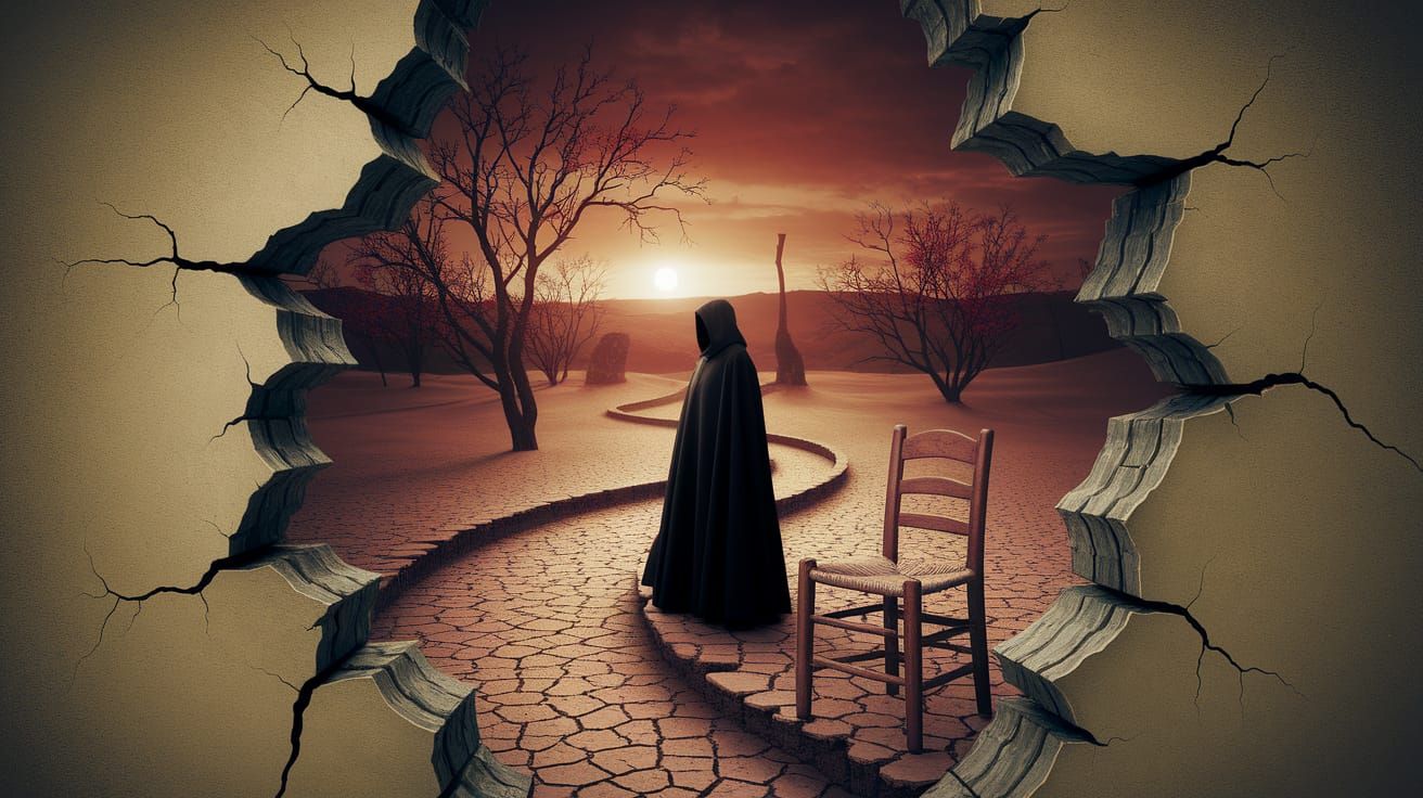 Surreal Fantasy Landscape with Cloaked Figure and Cracked Wa...