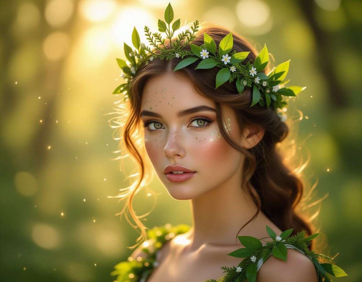 Forest Queen with Leaf Tiara in Golden Hour Light