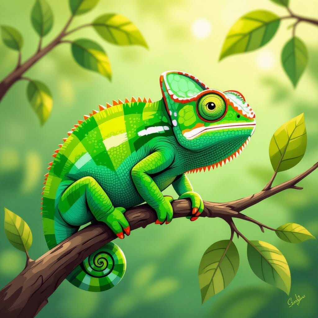 Avocado Chameleon on Branch in Surrealist Style