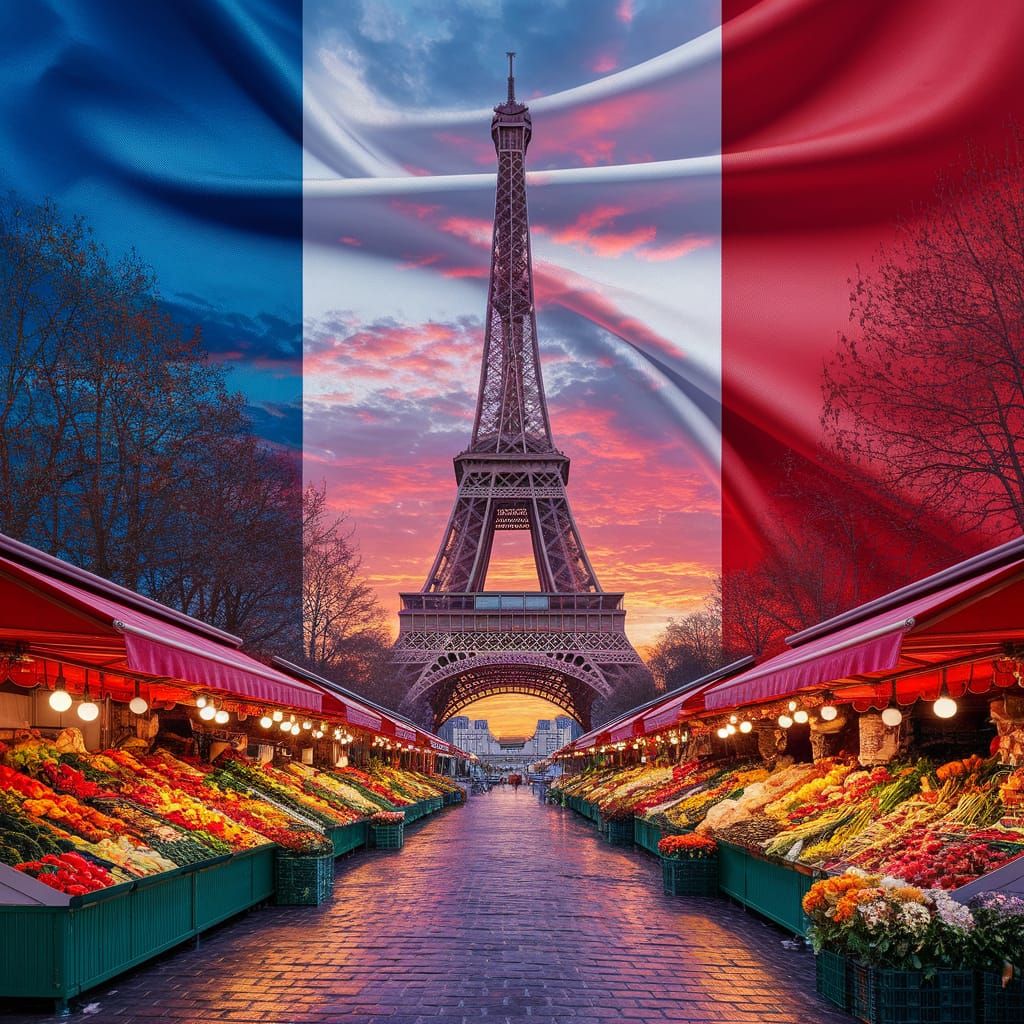 Eiffel Tower and French Flag Double Exposure Oil Painting