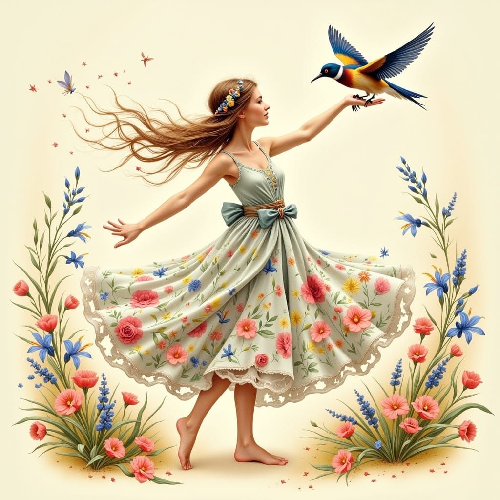 Delicate European Woman in Radiant Aura with Floral Patterns