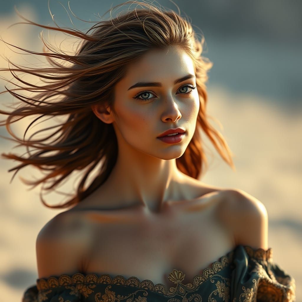 Elegant Woman with Amber Eyes in Ultra-Realistic Style