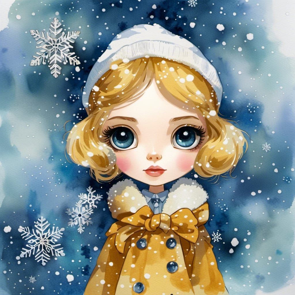 Snowy Blythe Doll Portrait in Watercolor Style