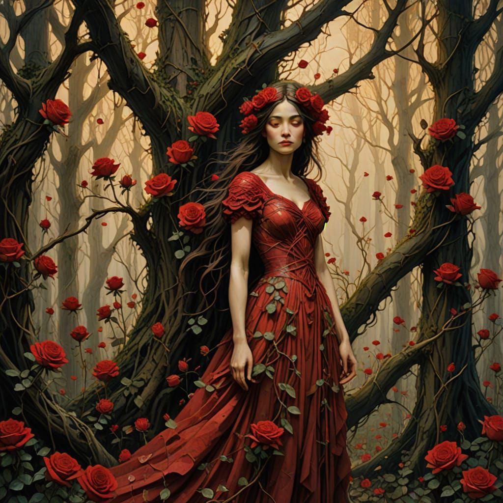 Dreamlike Red Rose Forest in Whimsical Painting Style
