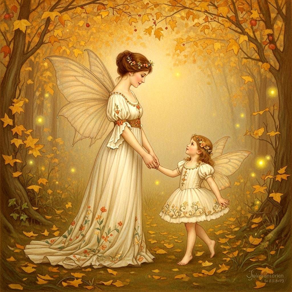 Fairies Dancing in Autumn Glade, Victorian Style Painting