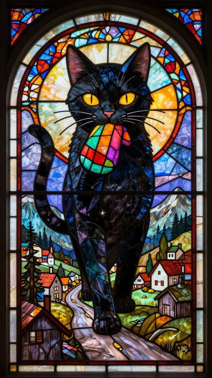 Intricate Stained Glass of Black Yule Cat Descending Mountai...