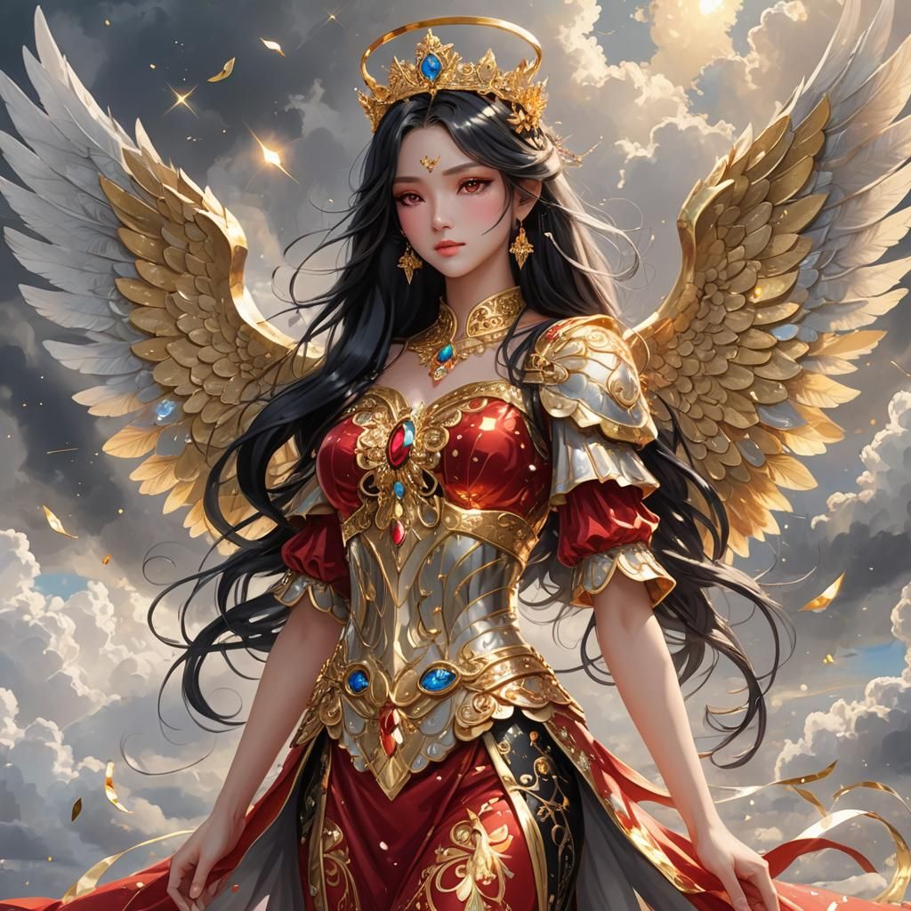 Golden Angel with Wings in Anime Style