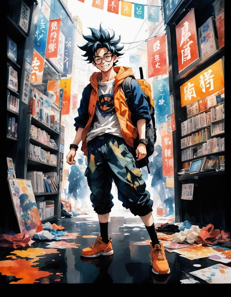 Overjoyed Otaku in Harajuku Shop: Watercolor Anime Art