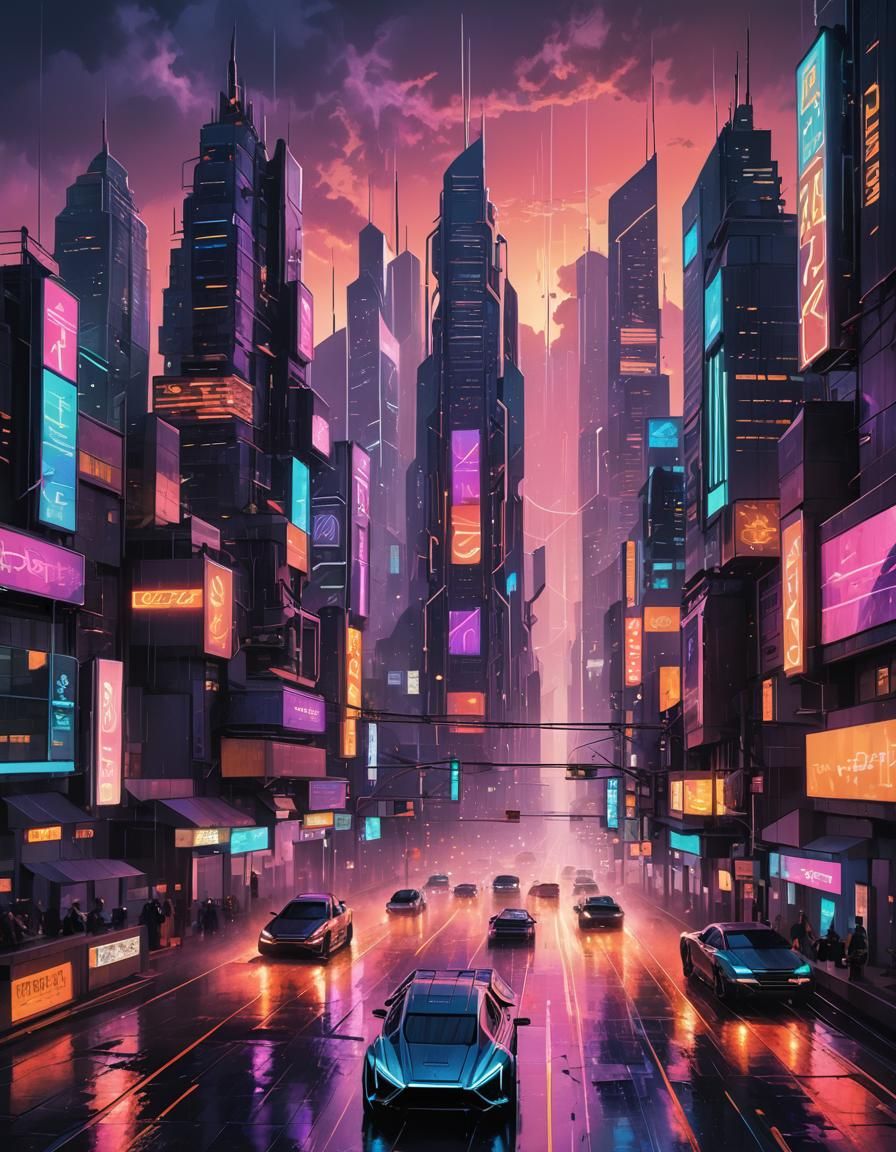 Cyberpunk Cityscape with Neon Lights and Hover Cars