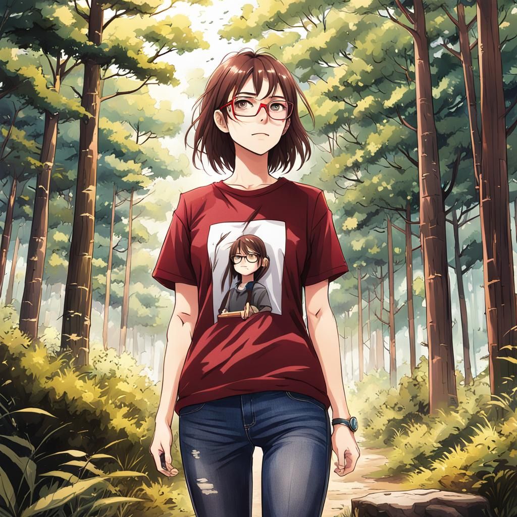 Anime-Style Woman with Red Glasses in Forest