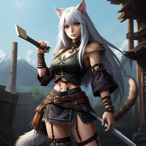 Feral Cat Girl in Anime Style