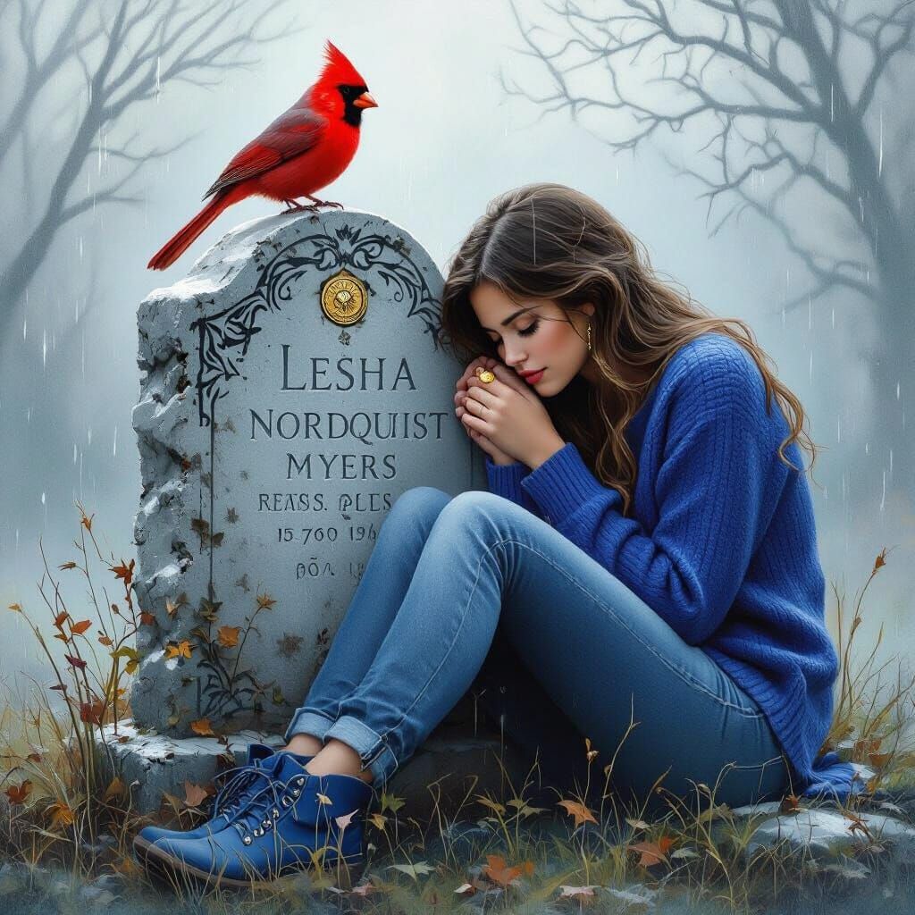 Sorrowful Woman Beside Gravestone in Ethereal Style