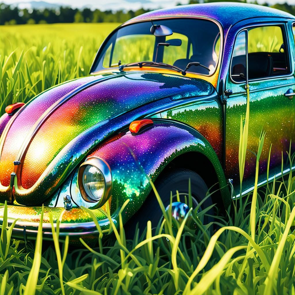 Rainbow VW Beetle in Oil Painting Style