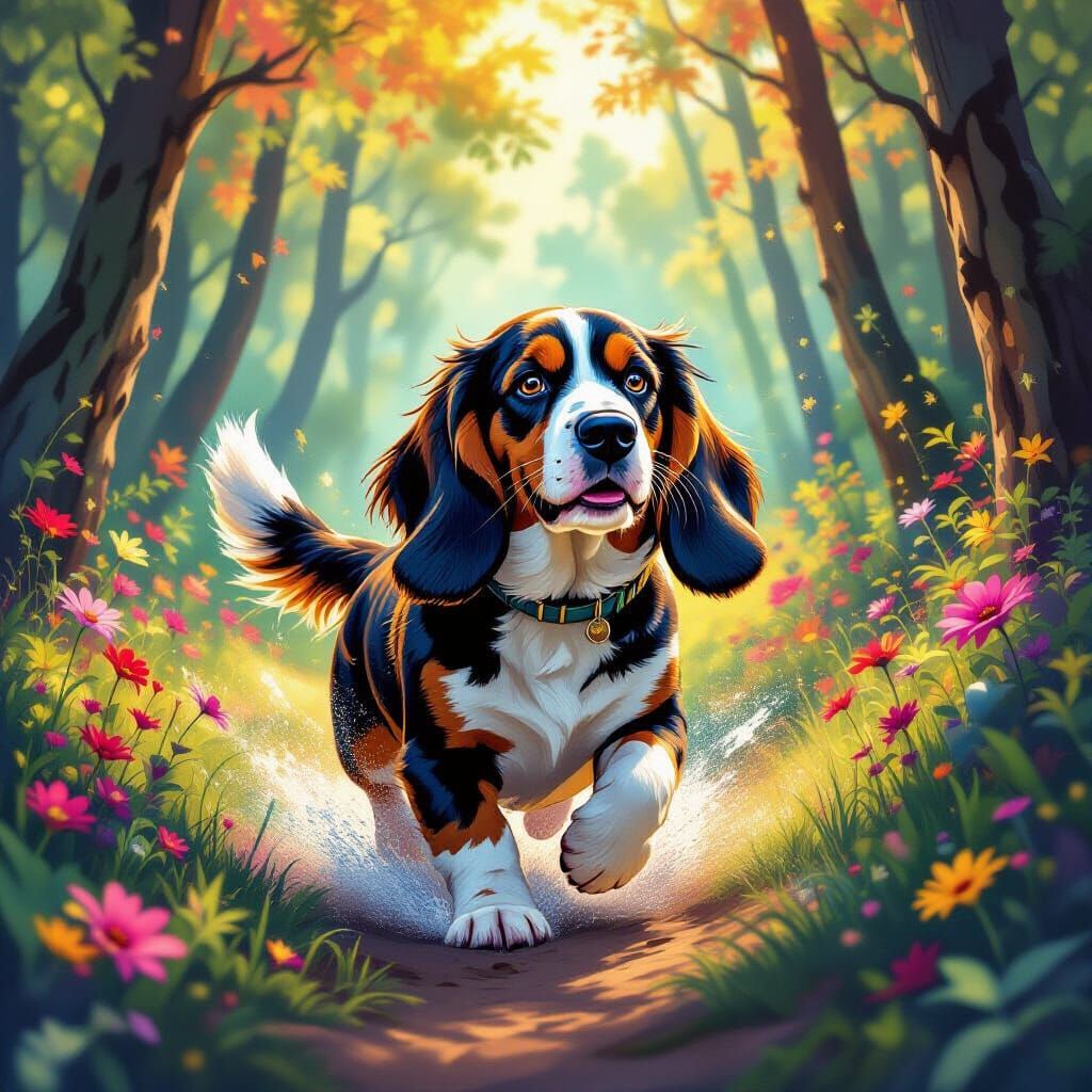 Person Rides Bassett Hound Through Vibrant Forest