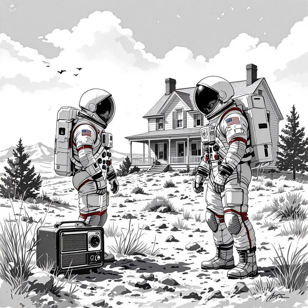 Astronaut on Mars with 1940s Radio & Country House