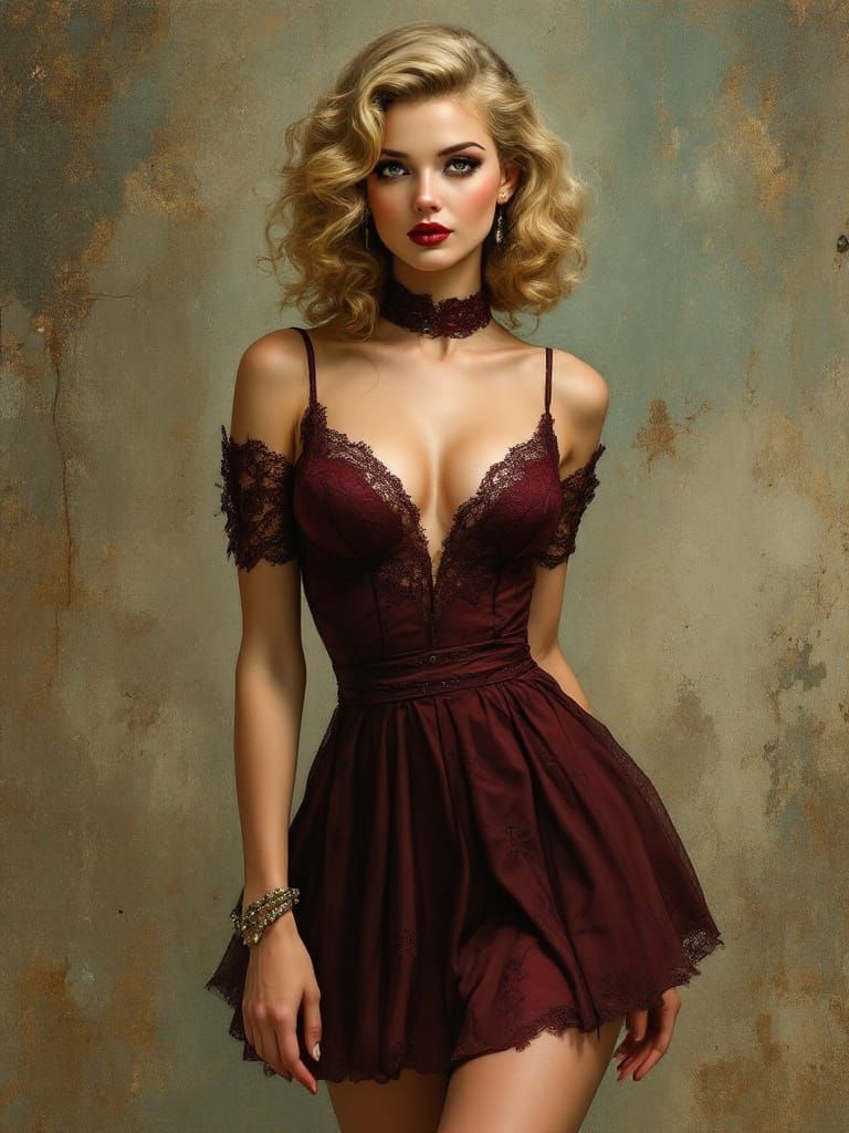 Blonde Pin-Up Woman in Maroon Skirt, Art Nouveau Style