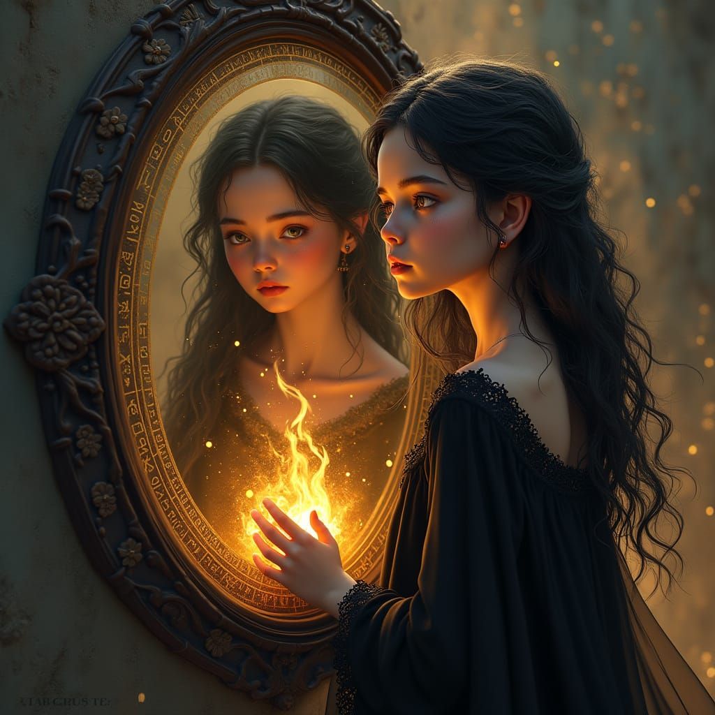 Sorceress Emerges from the Flames in Art Nouveau Style