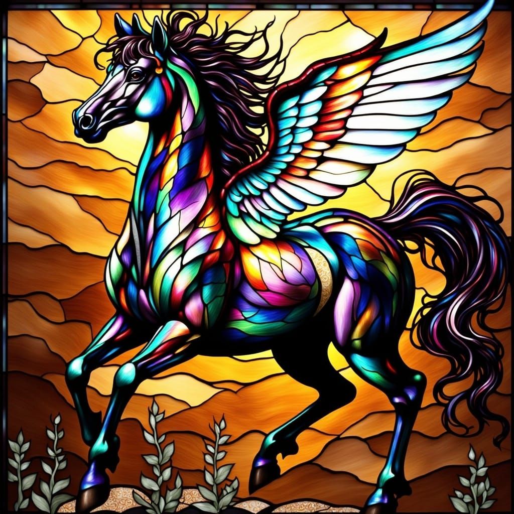Vibrant Stained Glass Horse in Art Nouveau Style