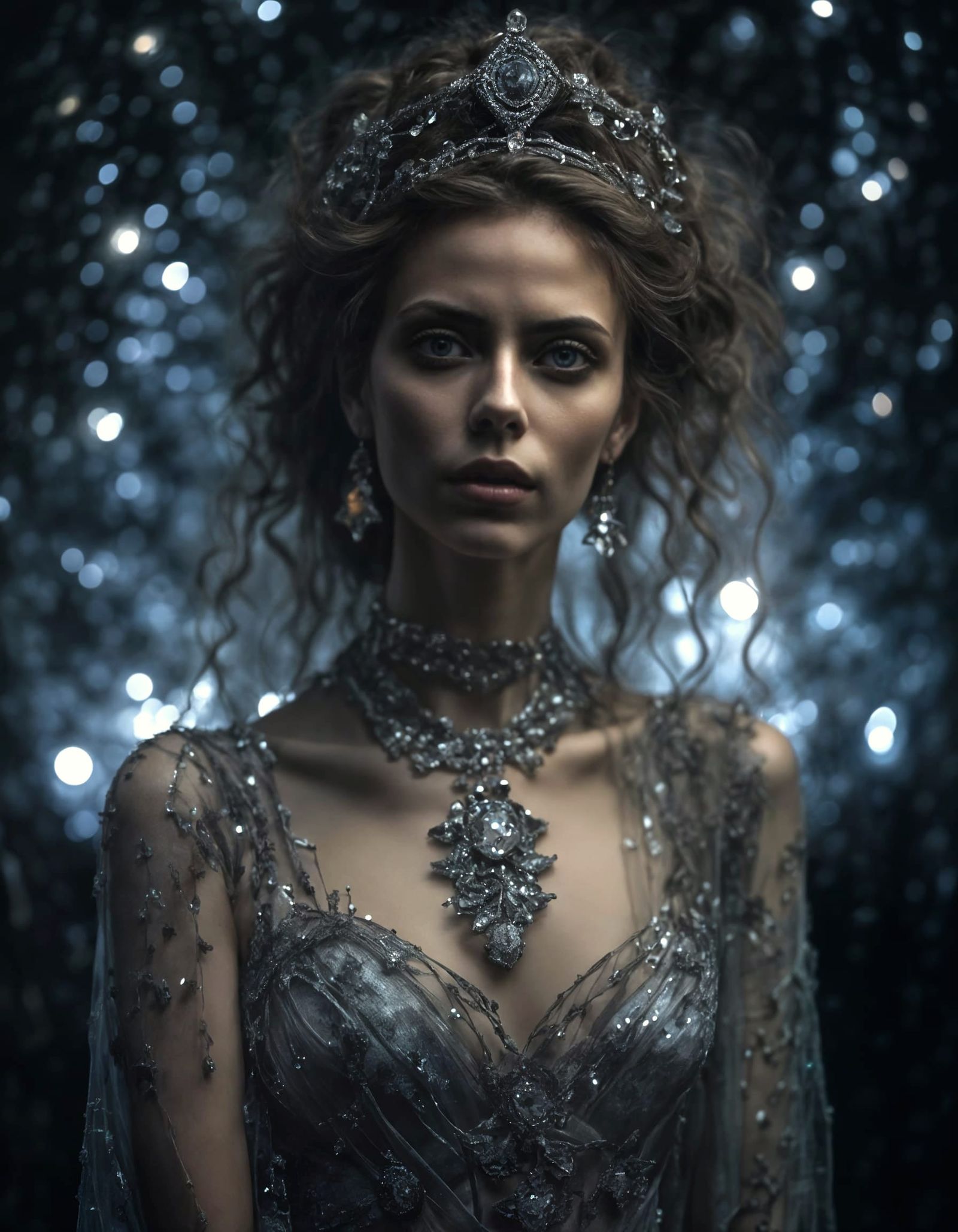 Woman in Transparent Glass Dress and Musical Sky