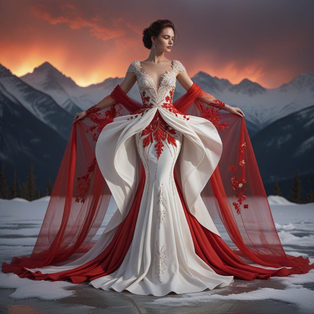 Elegant Woman in Canadian Flag Couture Gown