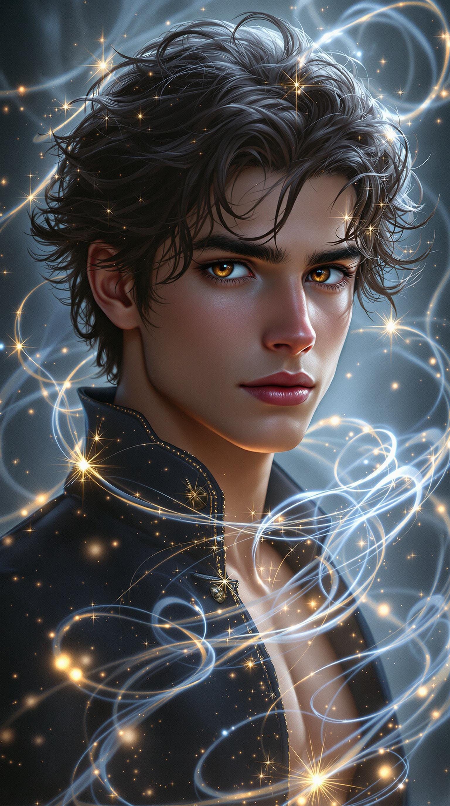 Mystical Young Man in Ethereal Light, Exuding Magical Aura