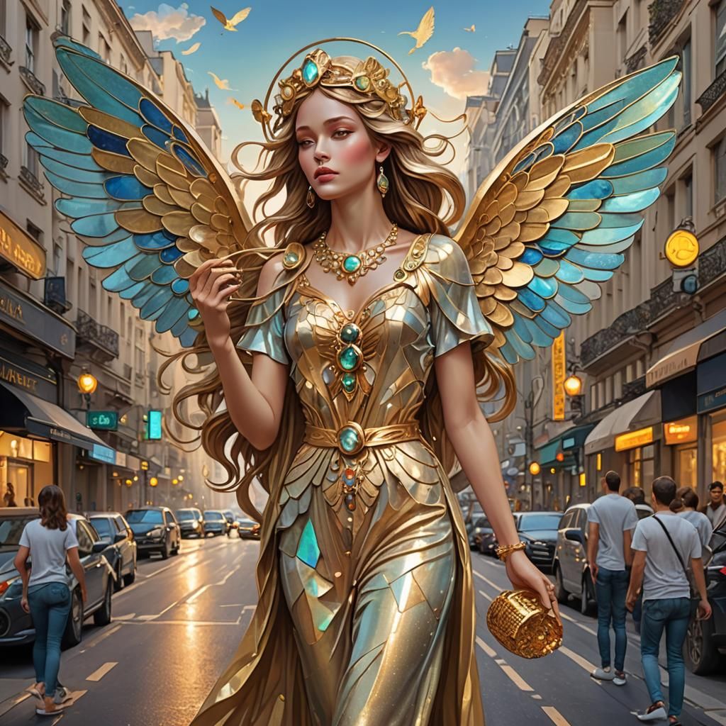 Golden Goddess in Art Nouveau Cityscape