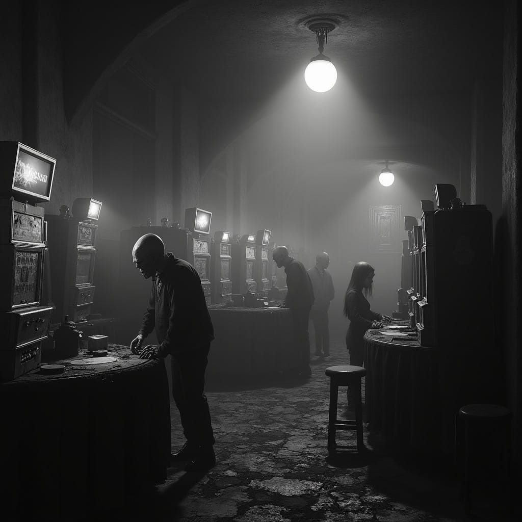 Spooky Casino Scene in Haunting Black and White