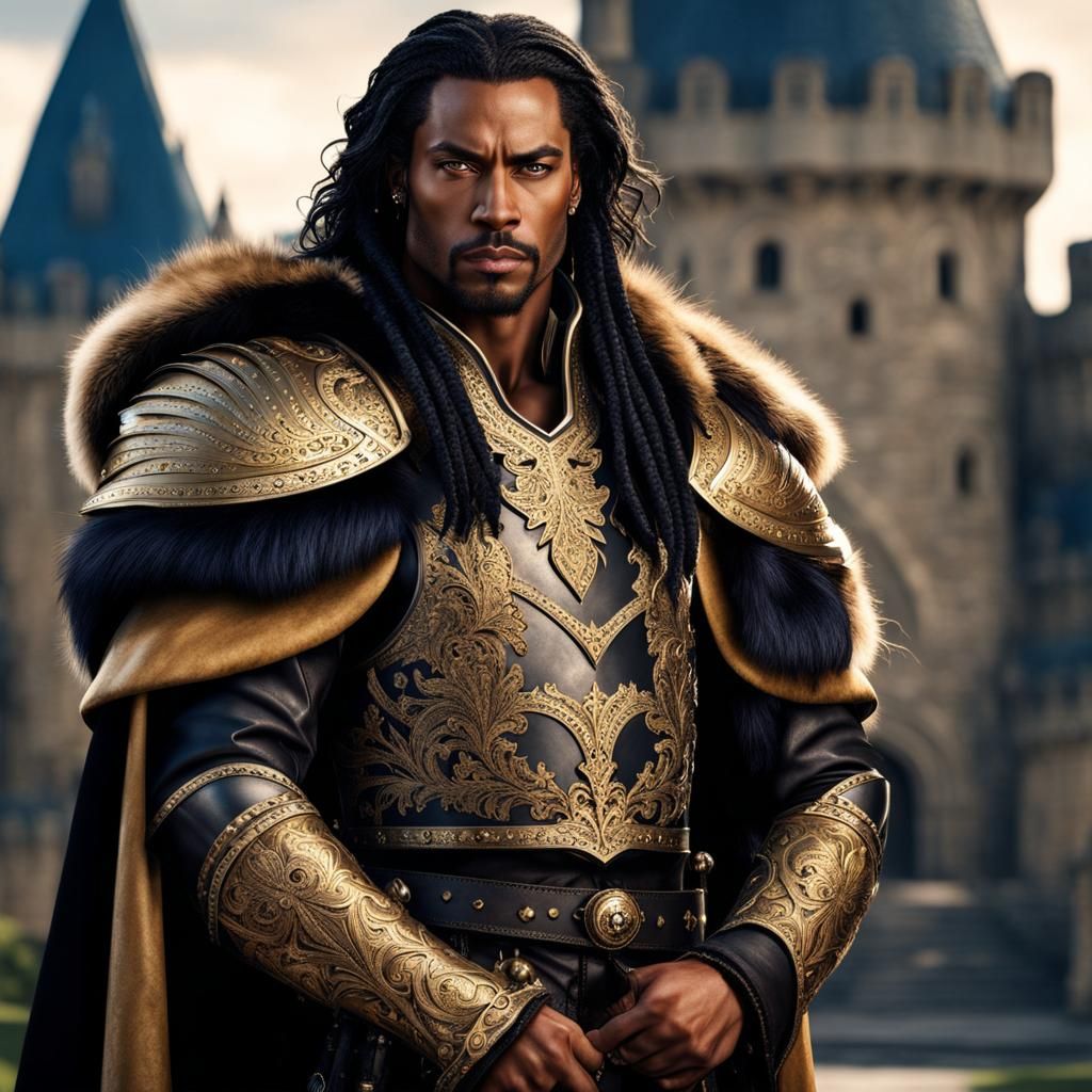 King Warrior with Golden Crown and Ornamented Armor