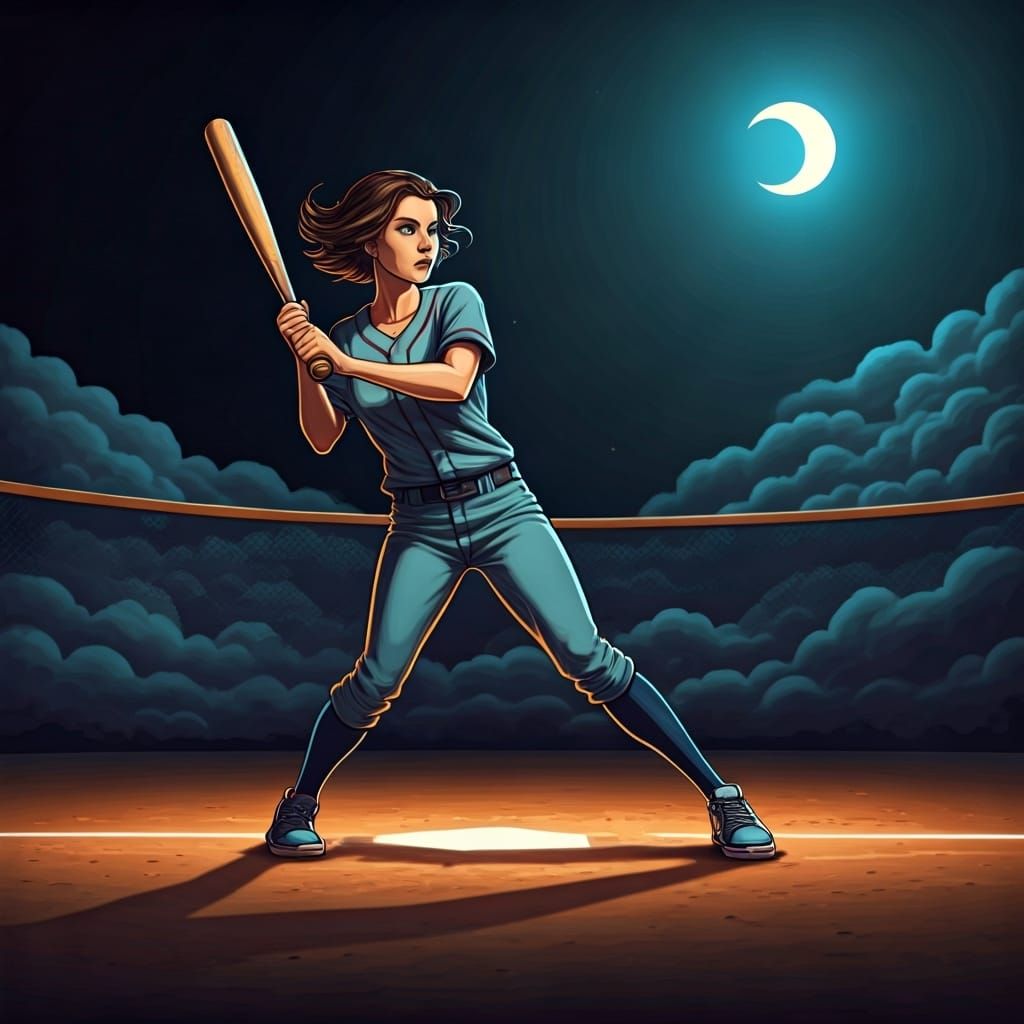 Woman Hits Glowing Baseball in Cloud Field