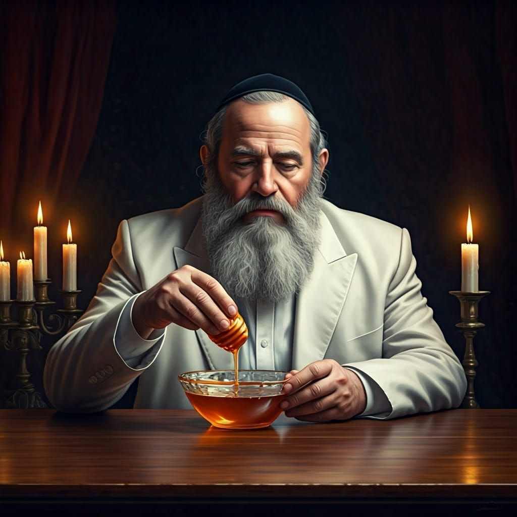Chassidic Jew Dipping Apple in Honey, Mystical Lighting